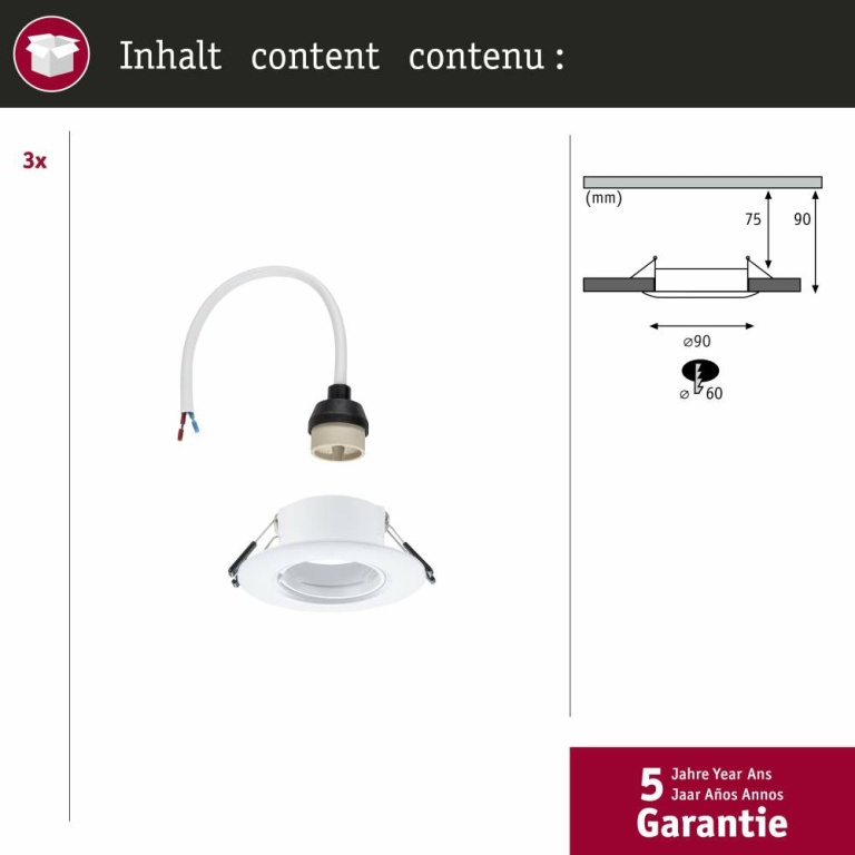 Paulmann Einbauleuchte 3er-Pack starr  rund 90mm  GU10 max. 3x10W  230V dimmbar  Weiß