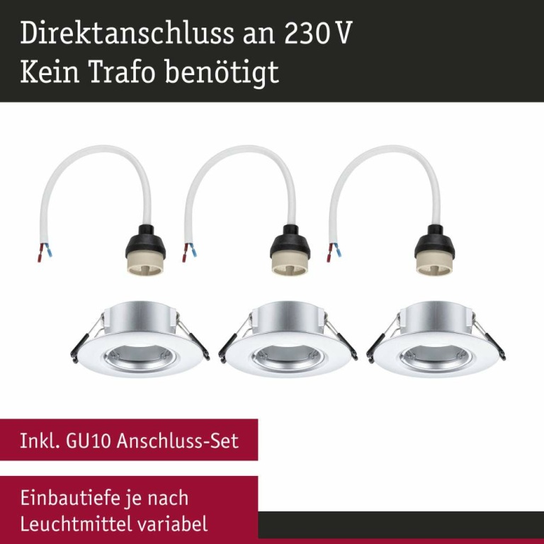 Paulmann Einbauleuchte 3er-Pack starr  rund 90mm  GU10 max. 3x10W  230V dimmbar  Chrom matt