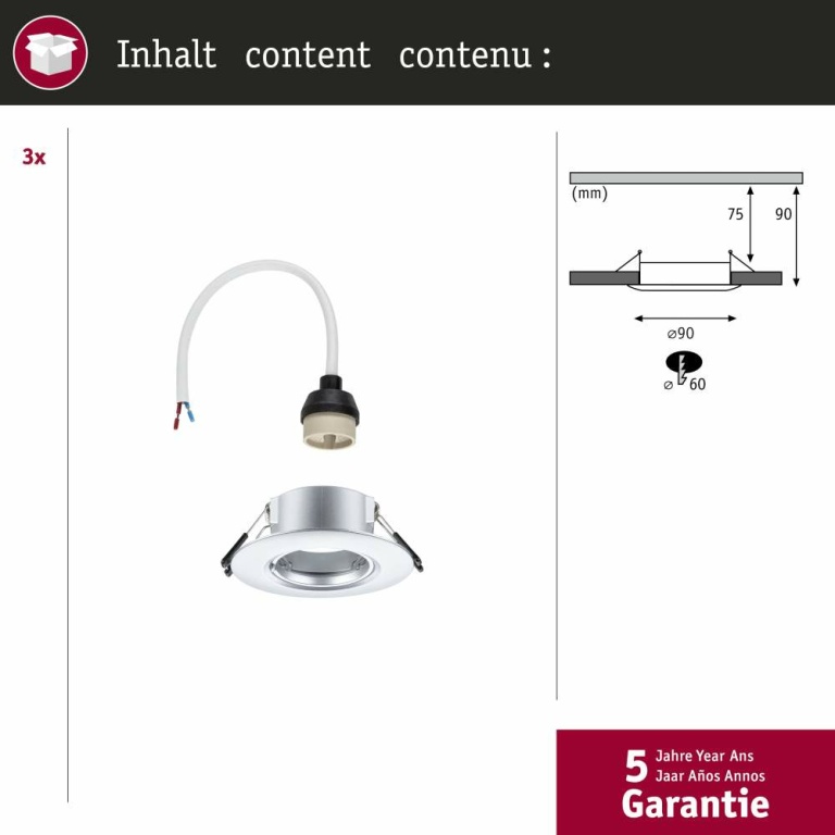 Paulmann Einbauleuchte 3er-Pack starr  rund 90mm  GU10 max. 3x10W  230V dimmbar  Chrom matt