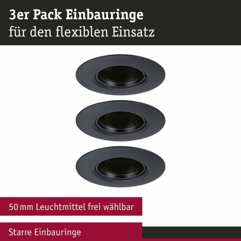 Paulmann Einbauleuchte 3er-Pack starr  rund 90mm  GU10 max. 3x10W  230V dimmbar  Schwarz