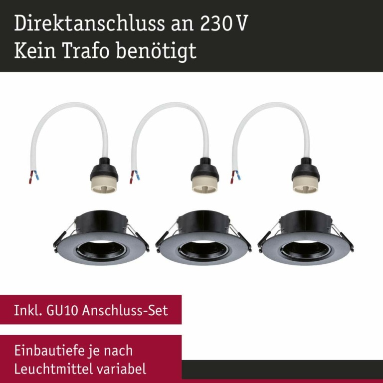 Paulmann Einbauleuchte 3er-Pack starr  rund 90mm  GU10 max. 3x10W  230V dimmbar  Schwarz