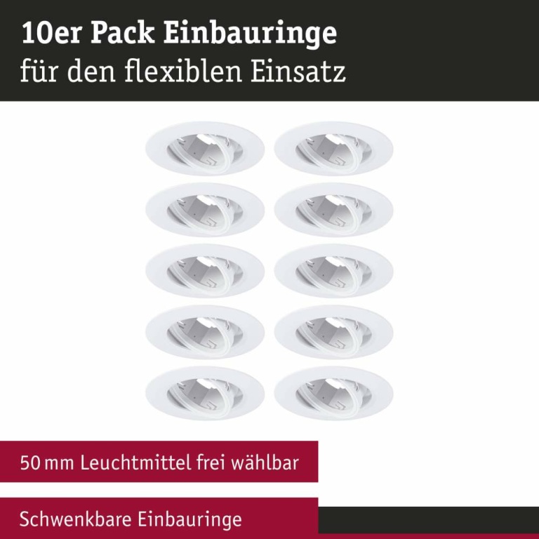 Paulmann Einbauleuchte 10er-Pack schwenkbar  rund 90mm 30° GU10 max. 10x10W  230V dimmbar  Weiß