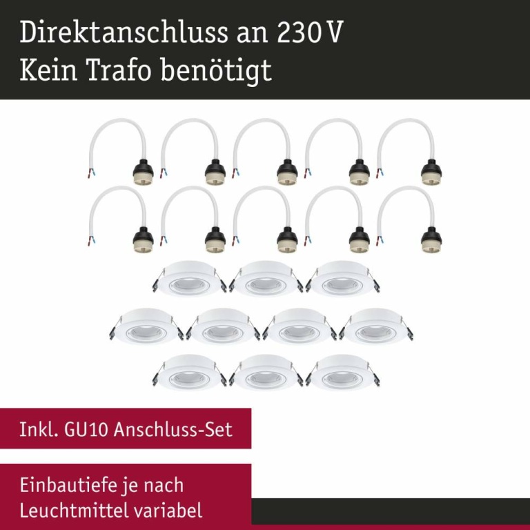 Paulmann Einbauleuchte 10er-Pack schwenkbar  rund 90mm 30° GU10 max. 10x10W  230V dimmbar  Weiß