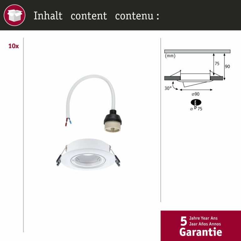 Paulmann Einbauleuchte 10er-Pack schwenkbar  rund 90mm 30° GU10 max. 10x10W  230V dimmbar  Weiß