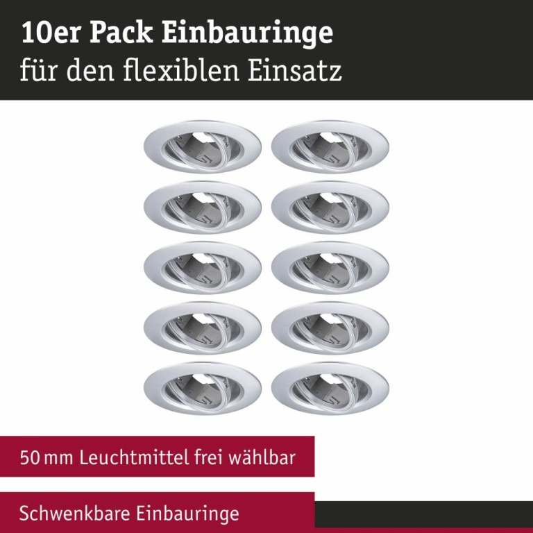 Paulmann Einbauleuchte 10er-Pack schwenkbar  rund 90mm 30° GU10 max. 10x10W  230V dimmbar  Chrom matt