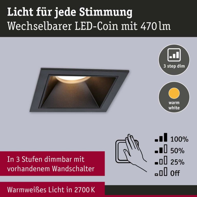 Paulmann Cole Coin Basisset 3er-Set Schwarz eckig LED Einbauleuchte IP44 3-Step-Dim 2700K 470lm 230V