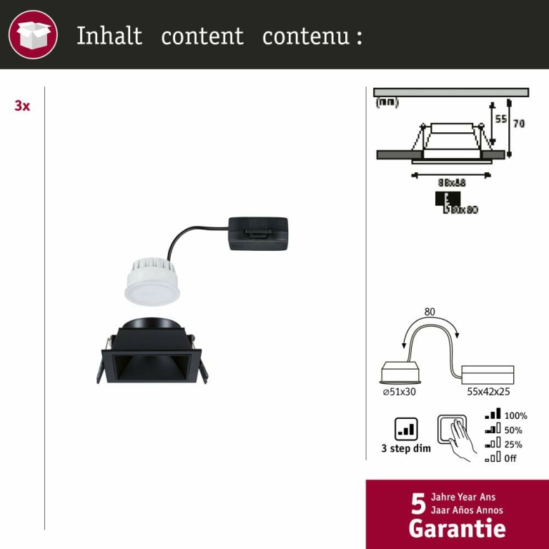 Paulmann Cole Coin Basisset 3er-Set Schwarz eckig LED Einbauleuchte IP44 3-Step-Dim 2700K 470lm 230V