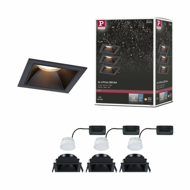 Paulmann Cole Coin Basisset 3er-Set Schwarz eckig LED Einbauleuchte IP44 3-Step-Dim 2700K 470lm 230V