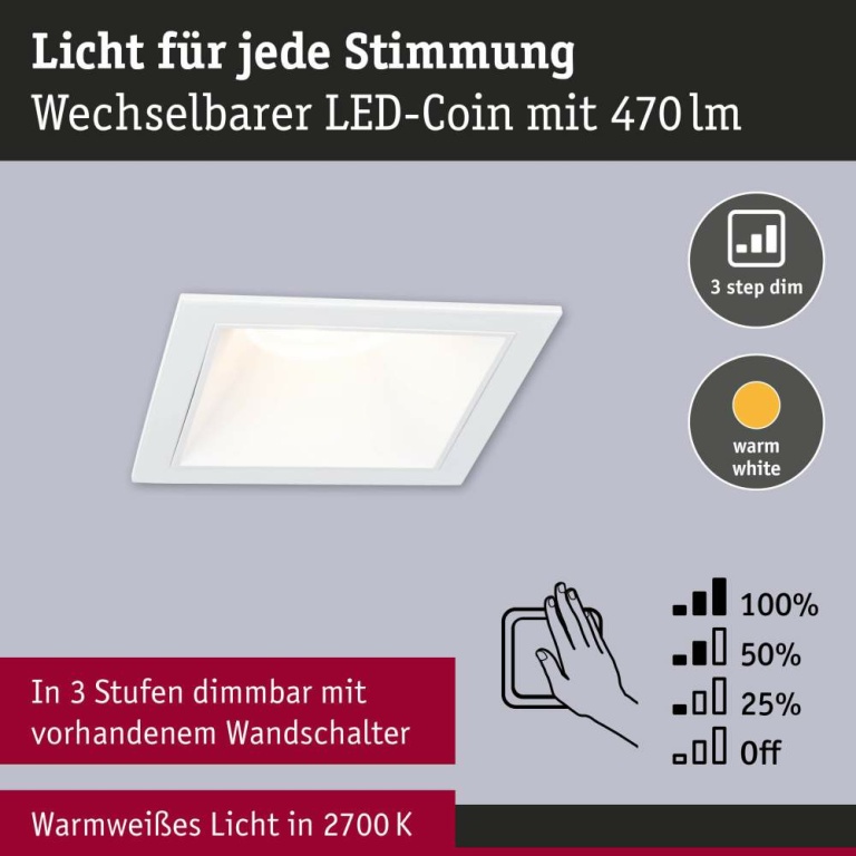 Paulmann Cole Coin Basisset 3er-Set Weiß eckig LED Einbauleuchte IP44 3-Step-Dim 2700K 470lm 230V