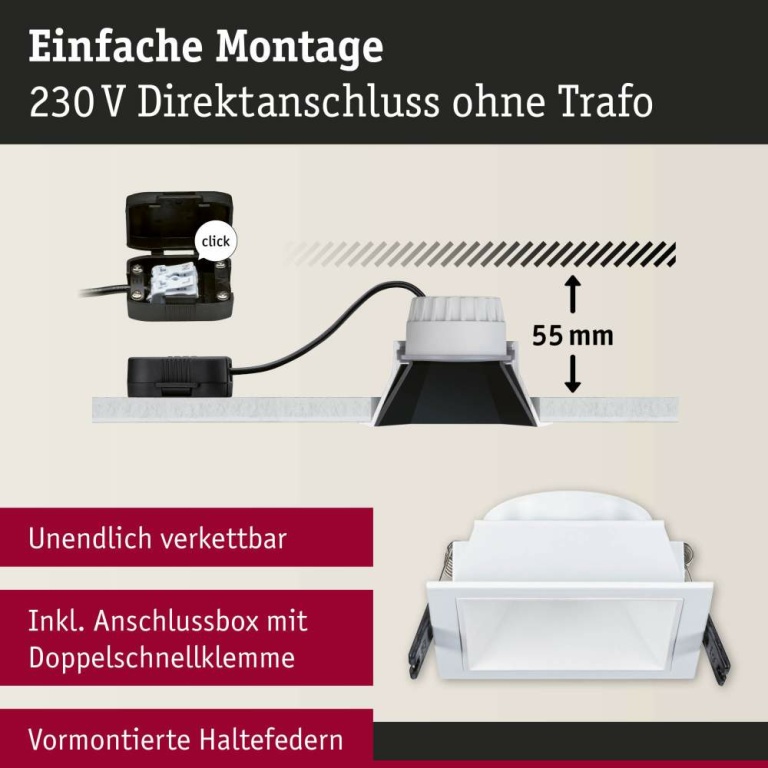 Paulmann Cole Coin Basisset 3er-Set Weiß eckig LED Einbauleuchte IP44 3-Step-Dim 2700K 470lm 230V