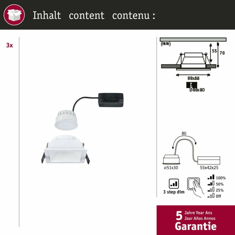 Paulmann Cole Coin Basisset 3er-Set Weiß eckig LED Einbauleuchte IP44 3-Step-Dim 2700K 470lm 230V