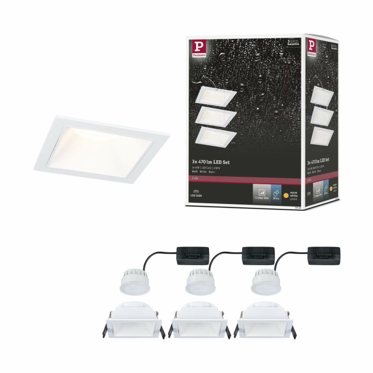 Paulmann Cole Coin Basisset 3er-Set Weiß eckig LED Einbauleuchte IP44 3-Step-Dim 2700K 470lm 230V