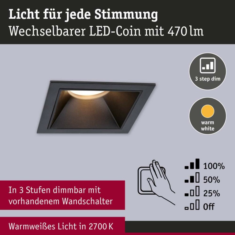 Paulmann Cole Coin Schwarz eckig LED Einbauleuchte IP44 3-Step-Dim 2700K 470lm 230V