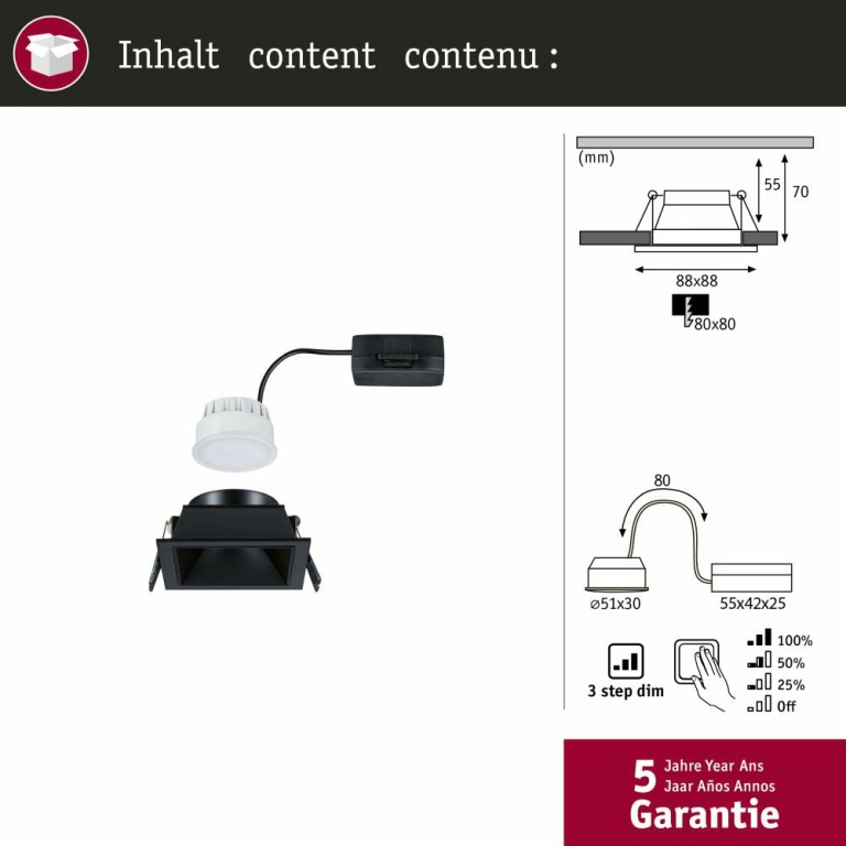 Paulmann Cole Coin Schwarz eckig LED Einbauleuchte IP44 3-Step-Dim 2700K 470lm 230V