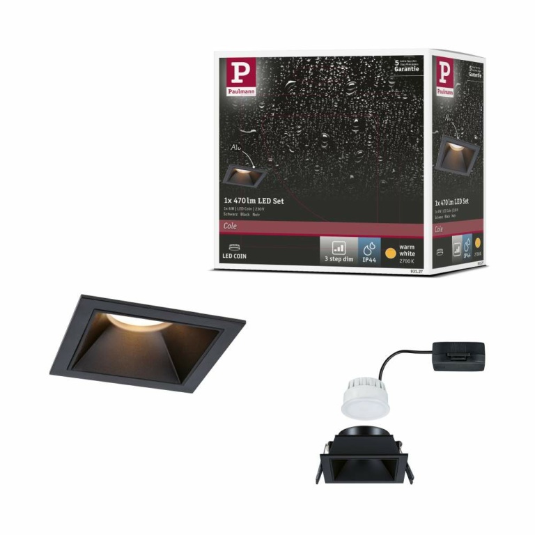 Paulmann Cole Coin Schwarz eckig LED Einbauleuchte IP44 3-Step-Dim 2700K 470lm 230V