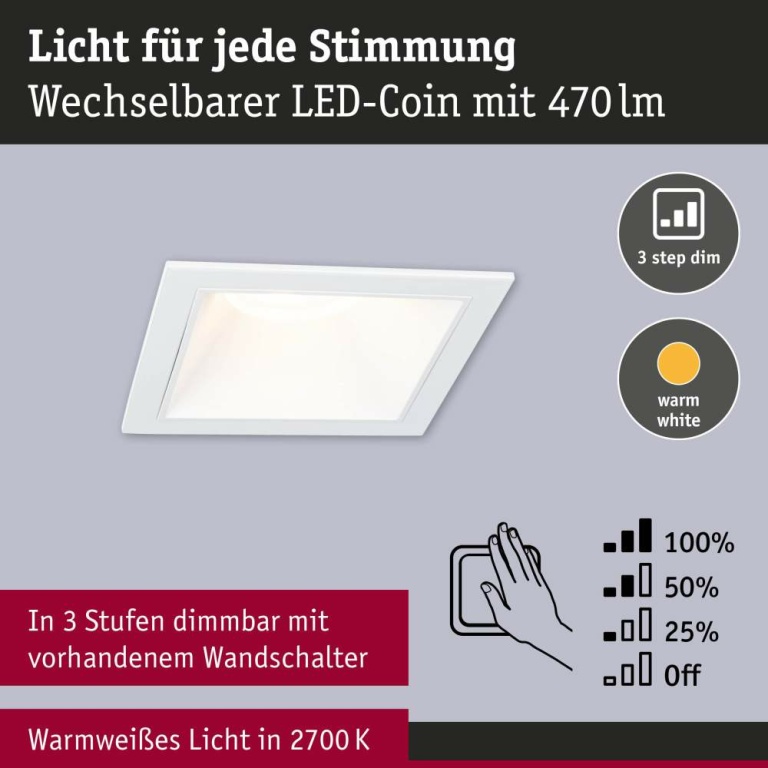 Paulmann Cole Coin Weiß eckig LED Einbauleuchte IP44 3-Step-Dim 2700K 470lm 230V