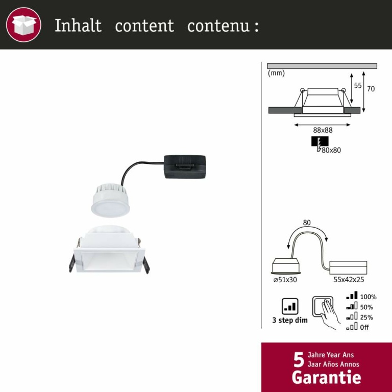 Paulmann Cole Coin Weiß eckig LED Einbauleuchte IP44 3-Step-Dim 2700K 470lm 230V