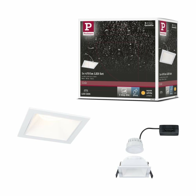 Paulmann Cole Coin Weiß eckig LED Einbauleuchte IP44 3-Step-Dim 2700K 470lm 230V