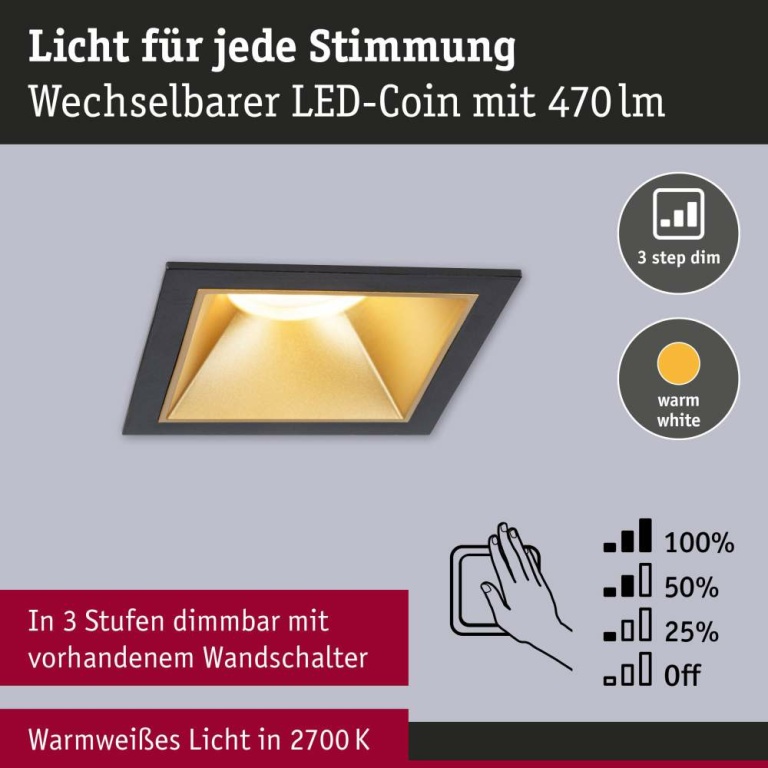 Paulmann Cole Coin Basisset 3er-Set Schwarz/Gold matt eckig LED Einbauleuchte IP44 3-Step-Dim 2700K 470lm 230V