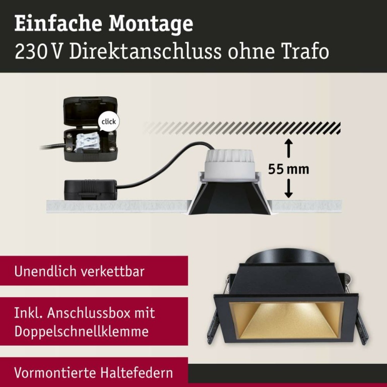 Paulmann Cole Coin Basisset 3er-Set Schwarz/Gold matt eckig LED Einbauleuchte IP44 3-Step-Dim 2700K 470lm 230V