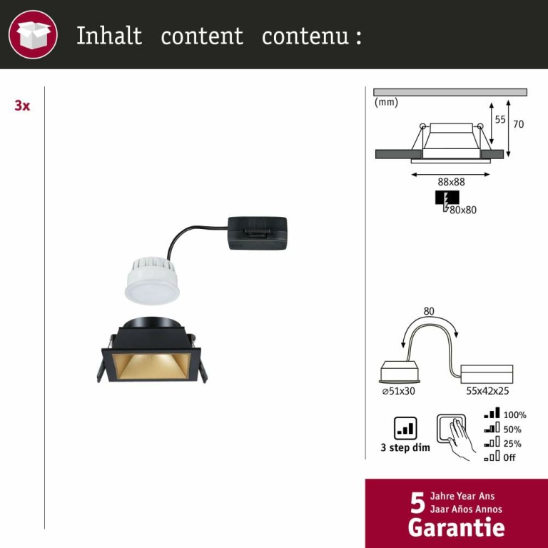 Paulmann Cole Coin Basisset 3er-Set Schwarz/Gold matt eckig LED Einbauleuchte IP44 3-Step-Dim 2700K 470lm 230V