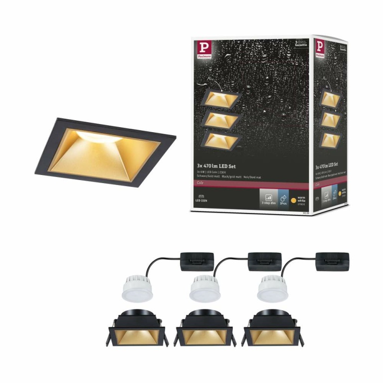 Paulmann Cole Coin Basisset 3er-Set Schwarz/Gold matt eckig LED Einbauleuchte IP44 3-Step-Dim 2700K 470lm 230V