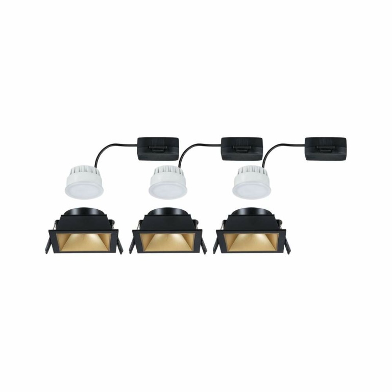 Paulmann Cole Coin Basisset 3er-Set Schwarz/Gold matt eckig LED Einbauleuchte IP44 3-Step-Dim 2700K 470lm 230V