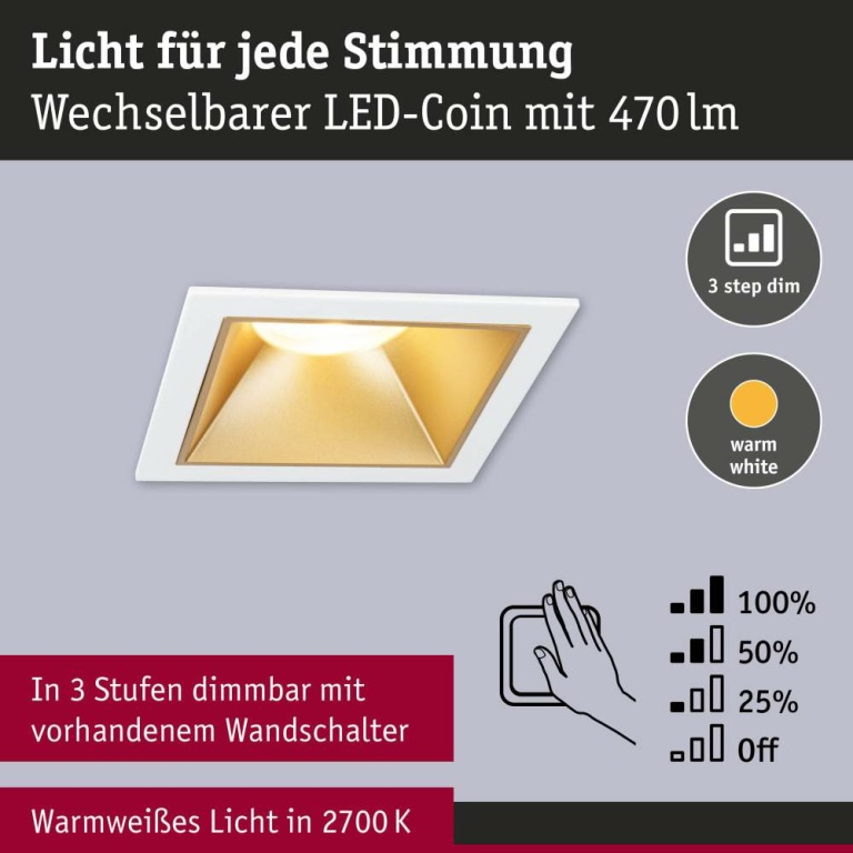 Paulmann Cole Coin Basisset 3er-Set Weiß/Gold matt eckig LED Einbauleuchte IP44 3-Step-Dim 2700K 470lm 230V