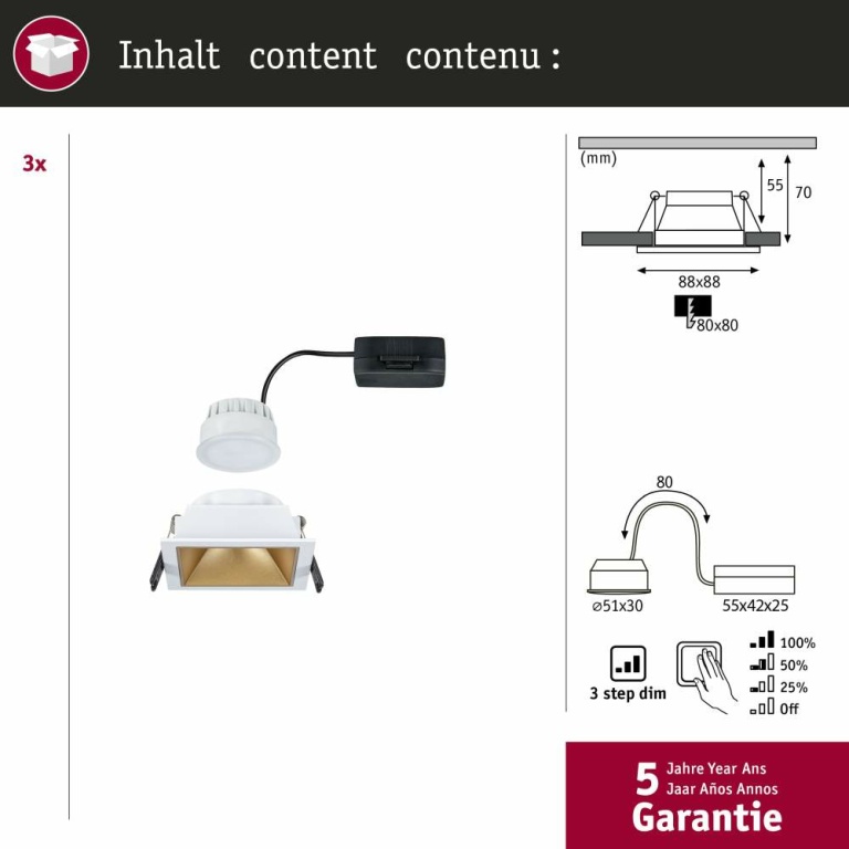 Paulmann Cole Coin Basisset 3er-Set Weiß/Gold matt eckig LED Einbauleuchte IP44 3-Step-Dim 2700K 470lm 230V