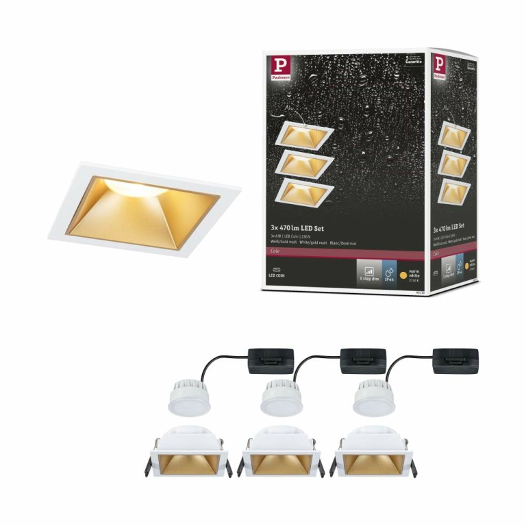 Paulmann Cole Coin Basisset 3er-Set Weiß/Gold matt eckig LED Einbauleuchte IP44 3-Step-Dim 2700K 470lm 230V