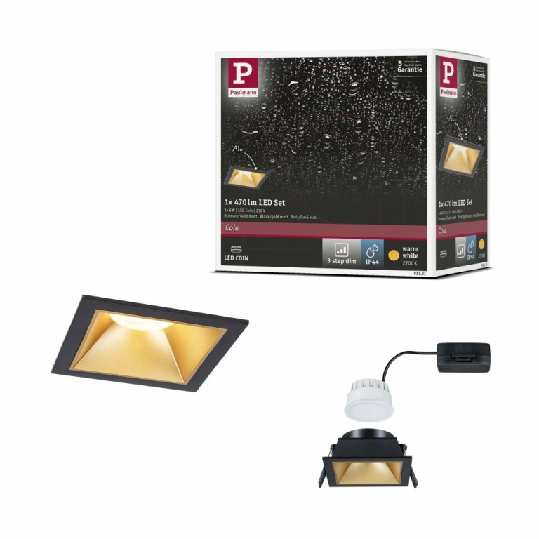 Paulmann Cole Coin Schwarz/Gold matt eckig LED Einbauleuchte IP44 3-Step-Dim 2700K 470lm 230V