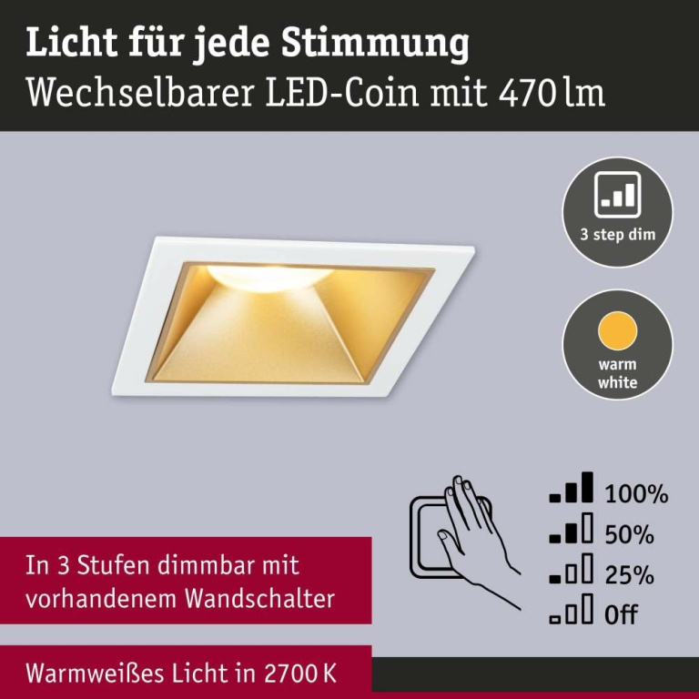 Paulmann Cole Coin Weiß/Gold matt eckig LED Einbauleuchte IP44 3-Step-Dim 2700K 470lm 230V