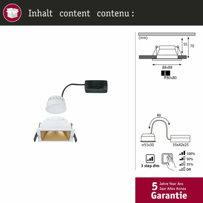 Paulmann Cole Coin Weiß/Gold matt eckig LED Einbauleuchte IP44 3-Step-Dim 2700K 470lm 230V