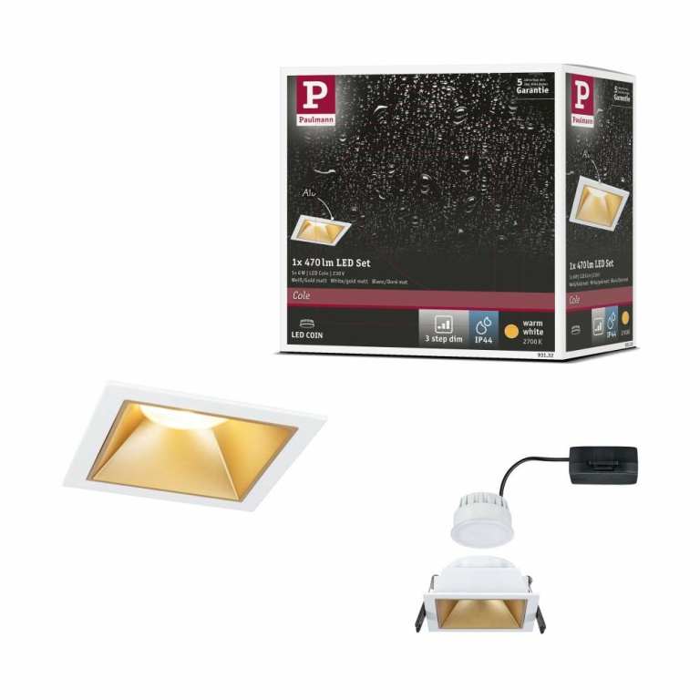 Paulmann Cole Coin Weiß/Gold matt eckig LED Einbauleuchte IP44 3-Step-Dim 2700K 470lm 230V