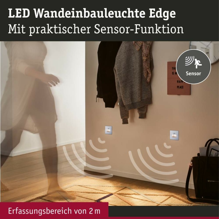 Paulmann LED Wandeinbauleuchte Edge Quadro Weiß eckig 2700K mit PIR-Sensor für Geräteeinbaudose mit ⌀ 68mm