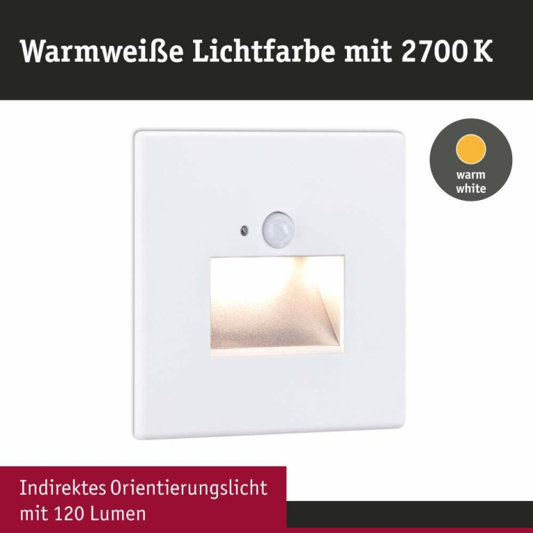 Paulmann LED Wandeinbauleuchte Edge Quadro Weiß eckig 2700K mit PIR-Sensor für Geräteeinbaudose mit ⌀ 68mm