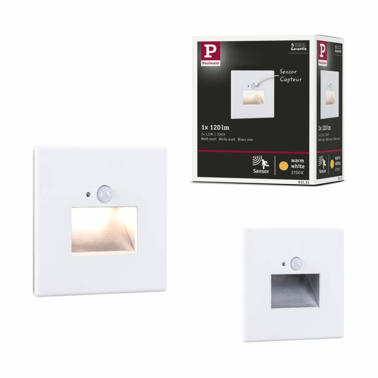 Paulmann LED Wandeinbauleuchte Edge Quadro Weiß eckig 2700K mit PIR-Sensor für Geräteeinbaudose mit ⌀ 68mm