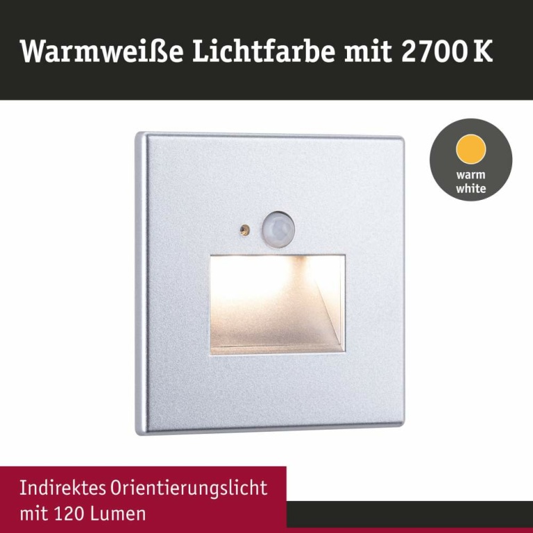 Paulmann LED Wandeinbauleuchte Edge Quadro Chrom matt eckig 2700K mit PIR-Sensor für Geräteeinbaudose mit ⌀ 68mm