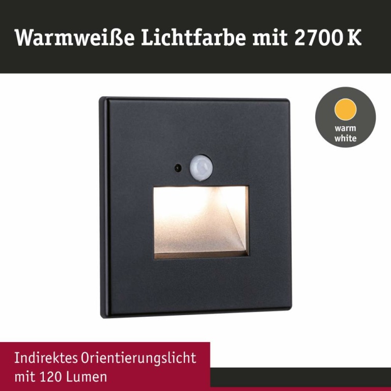 Paulmann LED Wandeinbauleuchte Edge Quadro Schwarz eckig 2700K mit PIR-Sensor für Geräteeinbaudose mit ⌀ 68mm