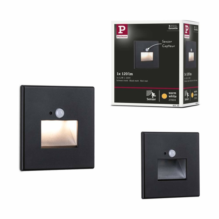 Paulmann LED Wandeinbauleuchte Edge Quadro Schwarz eckig 2700K mit PIR-Sensor für Geräteeinbaudose mit ⌀ 68mm