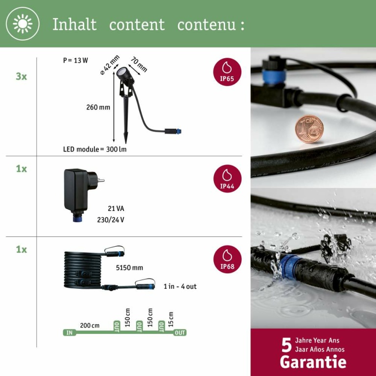 Paulmann Plug & Shine LED Gartenstrahler Warmweiß Basisset  IP65 3000K 3x3,5W  21VA Schwarz