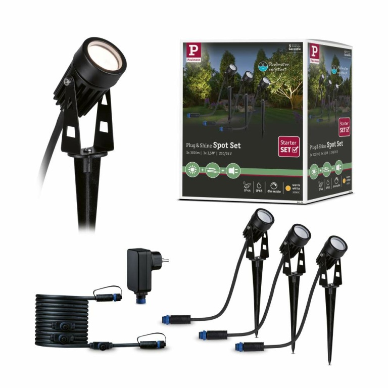 Paulmann Plug & Shine LED Gartenstrahler Warmweiß Basisset  IP65 3000K 3x3,5W  21VA Schwarz