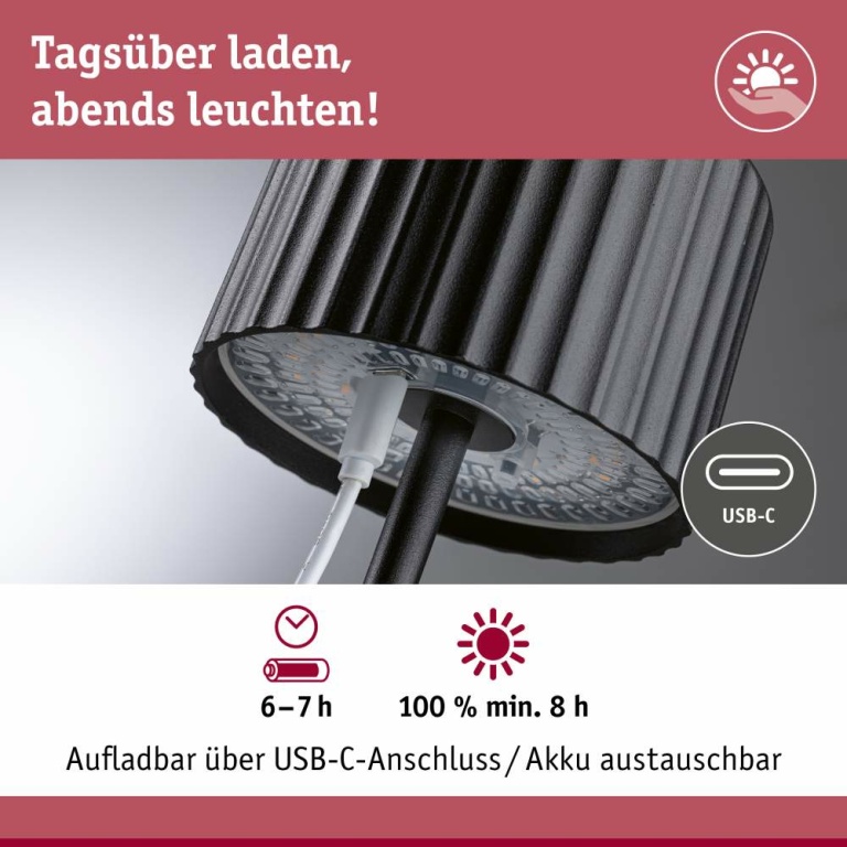 Paulmann Solar Akkuleuchte Else IP44 dimmbar 2700K Schwarz