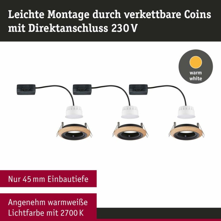 Paulmann LED Einbauleuchte Lanati aus Holz Eiche/Schwarz matt 3er-Set LED-Coin 6W 470lm 2700K rund schwenkbar FSC®-zertifiziert 230V