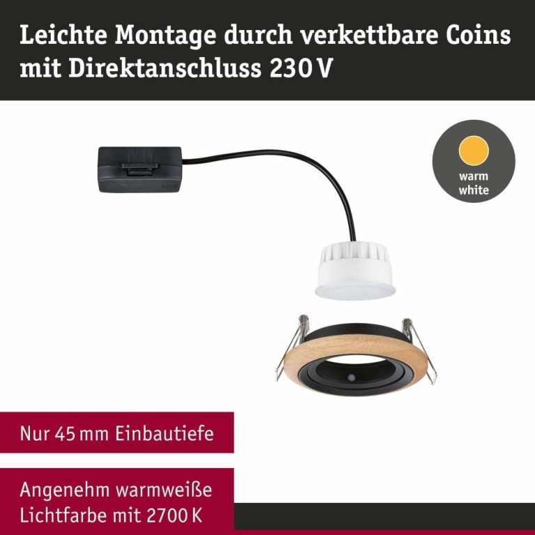 Paulmann LED Einbauleuchte Lanati aus Holz Eiche/Schwarz matt Einzelspot LED-Coin 6W 470lm 2700K rund schwenkbar FSC®-zertifiziert 230V