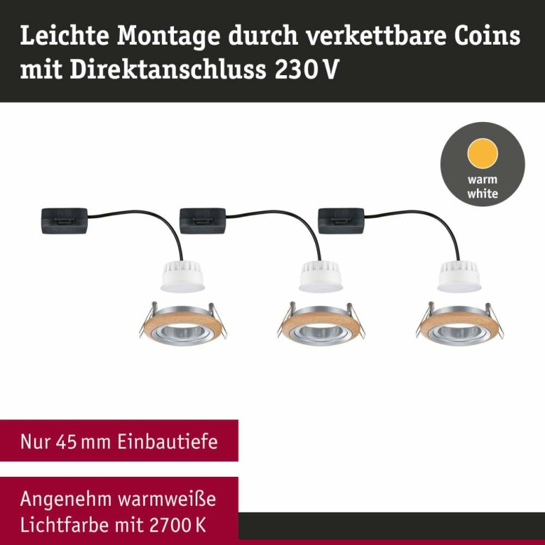 Paulmann LED Einbauleuchte Lanati aus Echtholz Eiche/Alu gedreht 3er-Set LED-Coin 6W 470lm 2700K rund schwenkbar FSC®-zertifiziert 230V