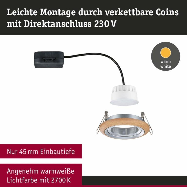 Paulmann LED Einbauleuchte Lanati aus Echtholz Eiche/Alu gedreht Einzelspot LED-Coin 6W 470lm 2700K rund schwenkbar FSC®-zertifiziert 230V