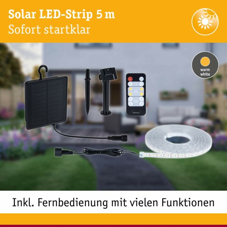 Paulmann LED Stripe Solar inkl. Fernbedienung 5m  IP44 2,8W 51lm/m 60 LEDs/m 3000K