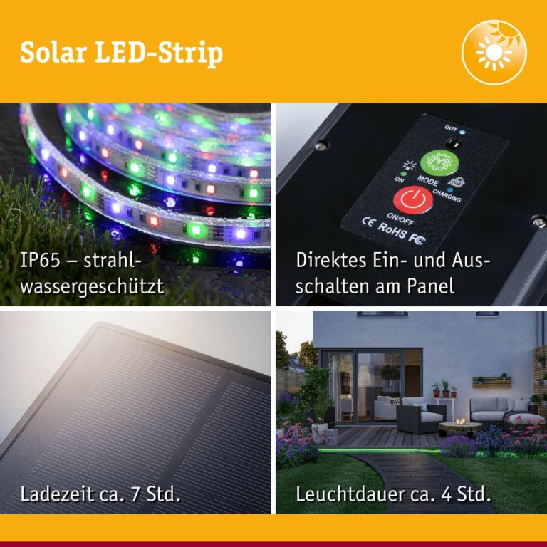 Paulmann LED Stripe Solar inkl. Fernbedienung 10m  IP44 3,8W 14lm/m 60 LEDs/m RGB