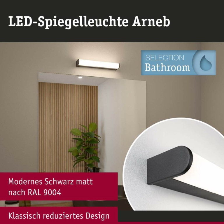 Paulmann Selection Bathroom LED Wandleuchte Arneb  IP44  3000K 700lm 230V 9W  Schwarz